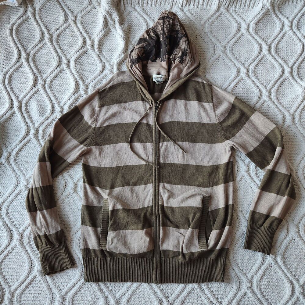 Vintage American Rag Y2K Striped Knit Zip Up Hoodie Olive Green Skater Grunge XL